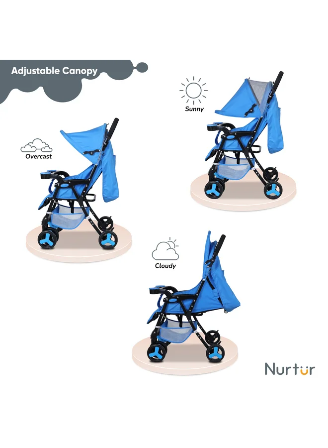 Nurtur Ryder Ultra Compact Lightweight Baby Travel Stroller with Storage Basket, Detachable Food Tray, Reclining Seat and Leg Rest, 0-36 Months, , Light Blue Printed