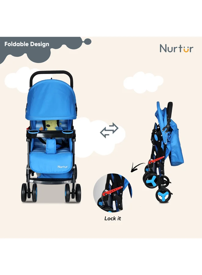Nurtur Ryder Ultra Compact Lightweight Baby Travel Stroller with Storage Basket, Detachable Food Tray, Reclining Seat and Leg Rest, 0-36 Months, , Light Blue Printed