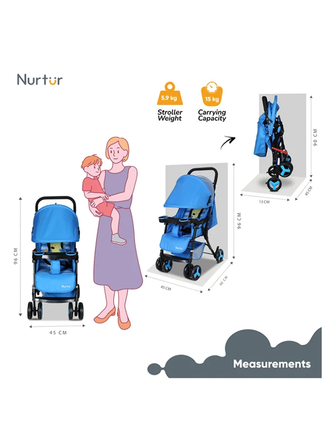 Nurtur Ryder Ultra Compact Lightweight Baby Travel Stroller with Storage Basket, Detachable Food Tray, Reclining Seat and Leg Rest, 0-36 Months, , Light Blue Printed