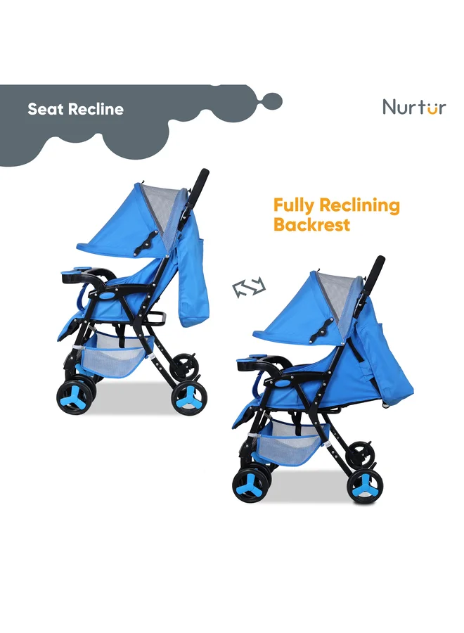 Nurtur Ryder Ultra Compact Lightweight Baby Travel Stroller with Storage Basket, Detachable Food Tray, Reclining Seat and Leg Rest, 0-36 Months, , Light Blue Printed