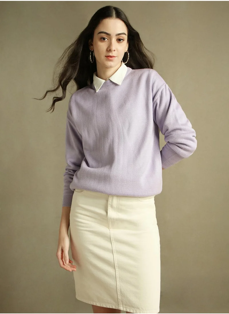 دينيس لينغو Women's Lavender 100% Acrylic Solid Regular Fit Sweater