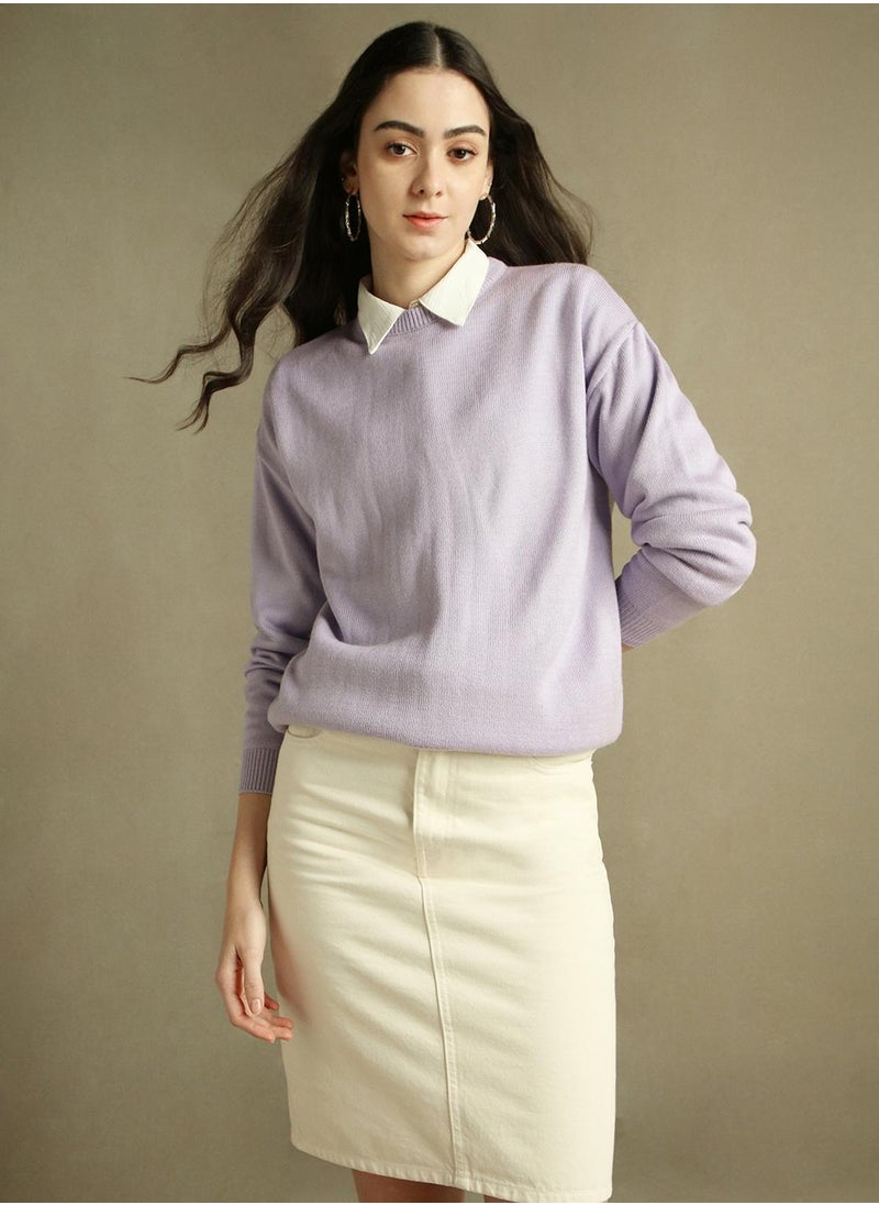 Dennis Lingo Women's Lavender 100% Acrylic Solid Regular Fit Sweater  - Image 1