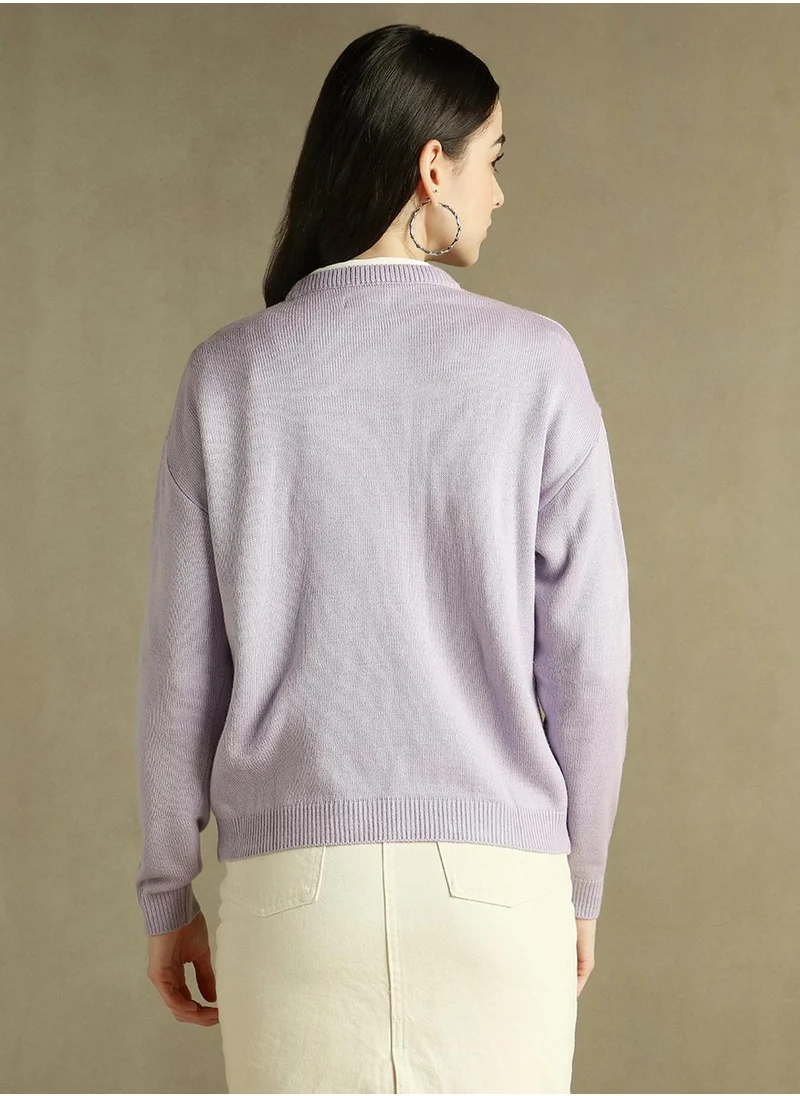 دينيس لينغو Women's Lavender 100% Acrylic Solid Regular Fit Sweater