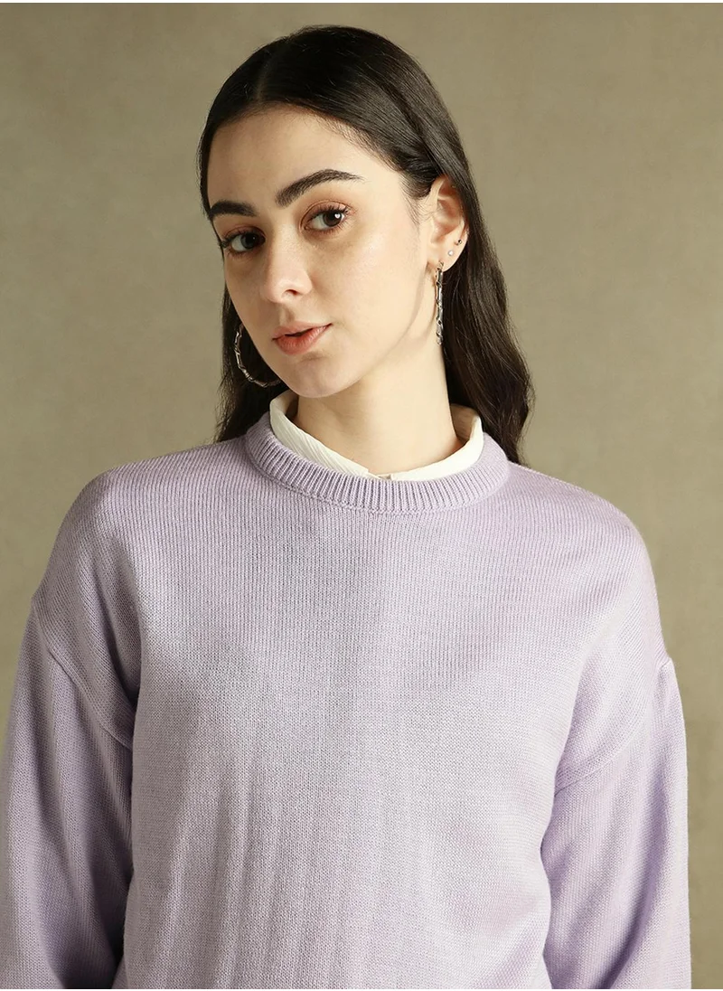 دينيس لينغو Women's Lavender 100% Acrylic Solid Regular Fit Sweater