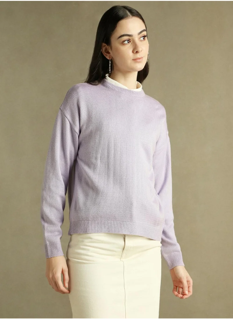 دينيس لينغو Women's Lavender 100% Acrylic Solid Regular Fit Sweater