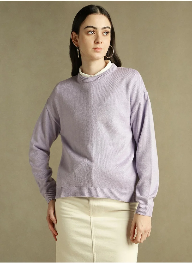 دينيس لينغو Women's Lavender 100% Acrylic Solid Regular Fit Sweater