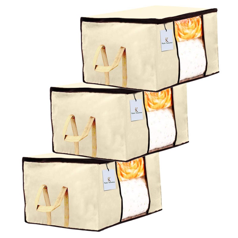 Kuber Industries Kuber Industries Underbed Storage BagBlanket CoverWardrobe Organizer For clothesComforter CoverSet of 3 Ivory  - Image 1