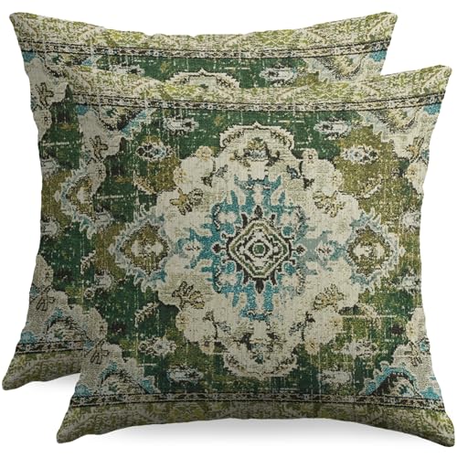 sorfbliss Sage Green Blue Boho Pillow Covers 18x18 Set of 2 Carpet Bohemian Floral Pattern Decorative Throw Pillow Cases Outdoor Farmhouse Decoration for Sofa Couch Bed - Image 1