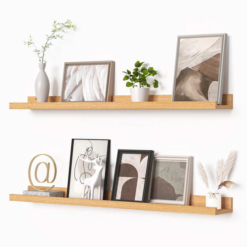 Heimlove Picture Ledge Shelf, Floating Shelves Set of 2, 36 Inches Picture Shelf for Wall with Ledge, Kids Bookshelf Wall Mounted for Living Room Bedroom Decor Books Photo Frames - Natural Oak - Image 1