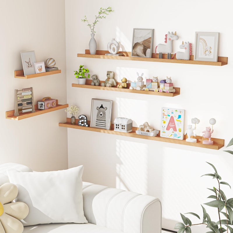 Heimlove Picture Ledge Shelf, Floating Shelves Set of 2, 36 Inches Picture Shelf for Wall with Ledge, Kids Bookshelf Wall Mounted for Living Room Bedroom Decor Books Photo Frames - Natural Oak - Image 5