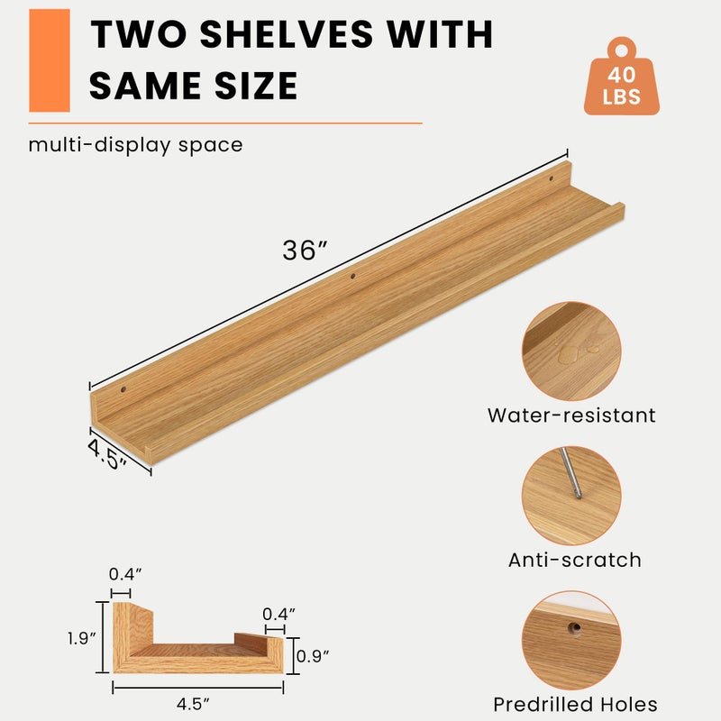 Heimlove Picture Ledge Shelf, Floating Shelves Set of 2, 36 Inches Picture Shelf for Wall with Ledge, Kids Bookshelf Wall Mounted for Living Room Bedroom Decor Books Photo Frames - Natural Oak - Image 2