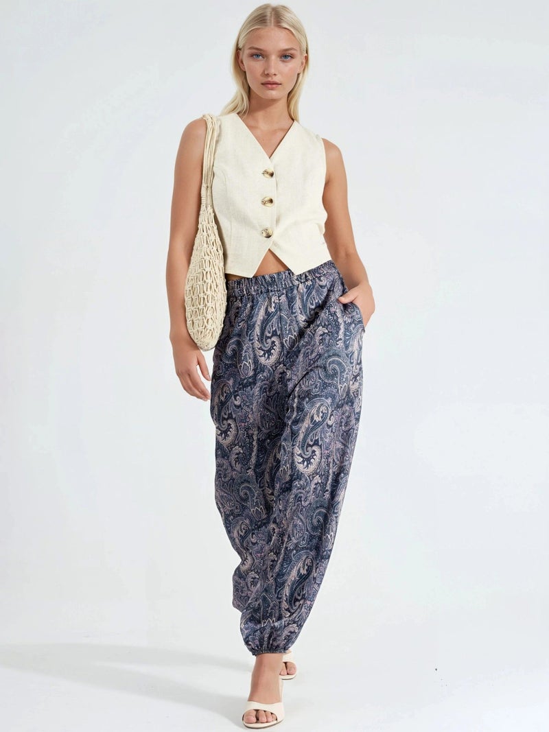 Qustyle QU STYLE Patterned Baggy Fit Elastic Leg Pants with Pockets - Image 4