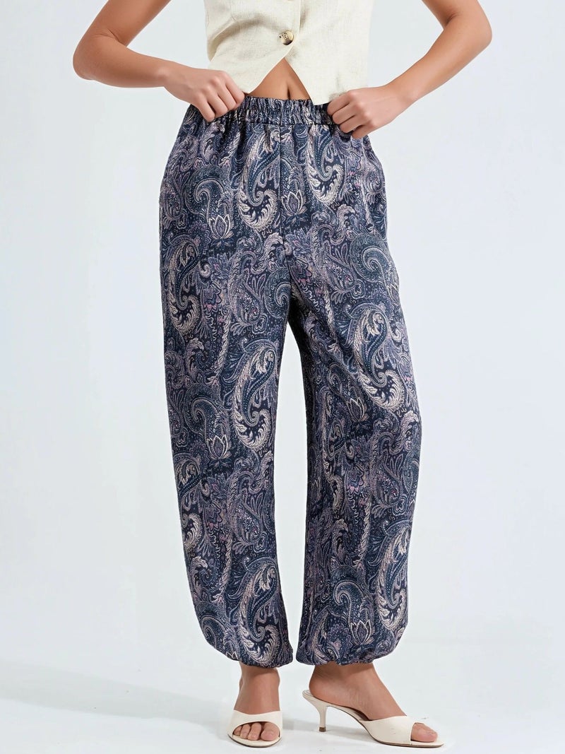 Qustyle QU STYLE Patterned Baggy Fit Elastic Leg Pants with Pockets - Image 1