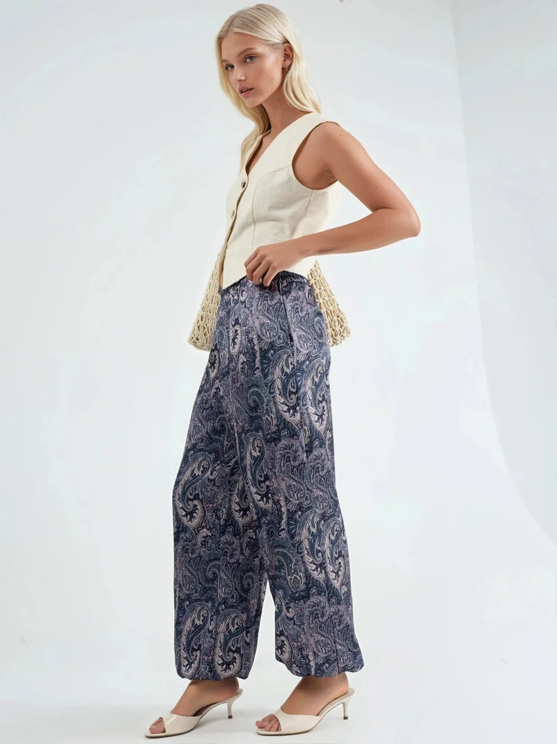 Qustyle QU STYLE Patterned Baggy Fit Elastic Leg Pants with Pockets