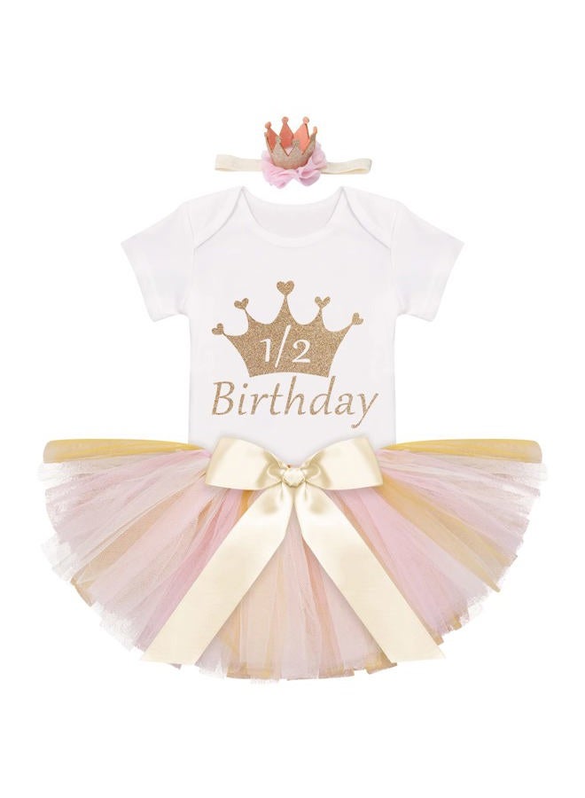 IDOPIP My 1/2 1st Birthday Outfit Baby Girls Shiny Crown Romper + Ruffle Tulle Skirt + Sequins Crown Flower Headband Glitter Party Dress up 3PCS Photo Cake Smash Clothes Set Gold 1/2 Birthday 3-6 Months - Image 1