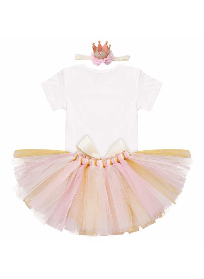 IDOPIP My 1/2 1st Birthday Outfit Baby Girls Shiny Crown Romper + Ruffle Tulle Skirt + Sequins Crown Flower Headband Glitter Party Dress up 3PCS Photo Cake Smash Clothes Set Gold 1/2 Birthday 3-6 Months - Image 2