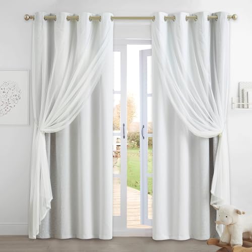 Geomoroccan 100% Blackout Curtains with Sheer Overlay Mix and Match Double Layer Drapes 84 Inch Long 2 Panels for Bedroom Living Room Grey White Ombre Grommet Window Treatment with Tiebacks - Image 1