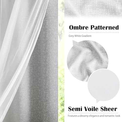 Geomoroccan 100% Blackout Curtains with Sheer Overlay Mix and Match Double Layer Drapes 84 Inch Long 2 Panels for Bedroom Living Room Grey White Ombre Grommet Window Treatment with Tiebacks - Image 2