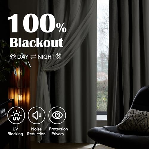 Geomoroccan 100% Blackout Curtains with Sheer Overlay Mix and Match Double Layer Drapes 84 Inch Long 2 Panels for Bedroom Living Room Grey White Ombre Grommet Window Treatment with Tiebacks - Image 3