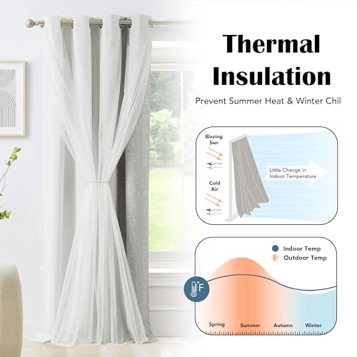 Geomoroccan 100% Blackout Curtains with Sheer Overlay Mix and Match Double Layer Drapes 84 Inch Long 2 Panels for Bedroom Living Room Grey White Ombre Grommet Window Treatment with Tiebacks - Image 4