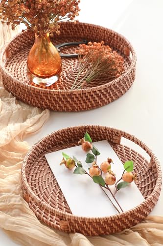 HITOMEN 118 HandWoven Round Rattan Serving Tray Decorative Wicker Trays with Handles for Coffee Table Honey BrownM - Image 3