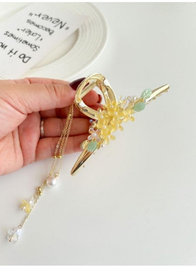 Calyrex Pearl Flower Tassel Hair Claw Clips Crystal Flower Claw Clip Flower Hair Clips for Women Gold Hair Clip Large Metal Claw Clips Pearl Hair Clips Big Hair Claw Hair Accessories - Image 2