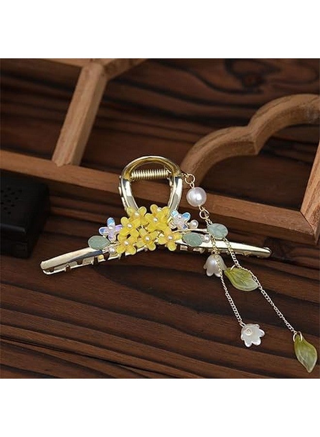 Calyrex Pearl Flower Tassel Hair Claw Clips Crystal Flower Claw Clip Flower Hair Clips for Women Gold Hair Clip Large Metal Claw Clips Pearl Hair Clips Big Hair Claw Hair Accessories - Image 3