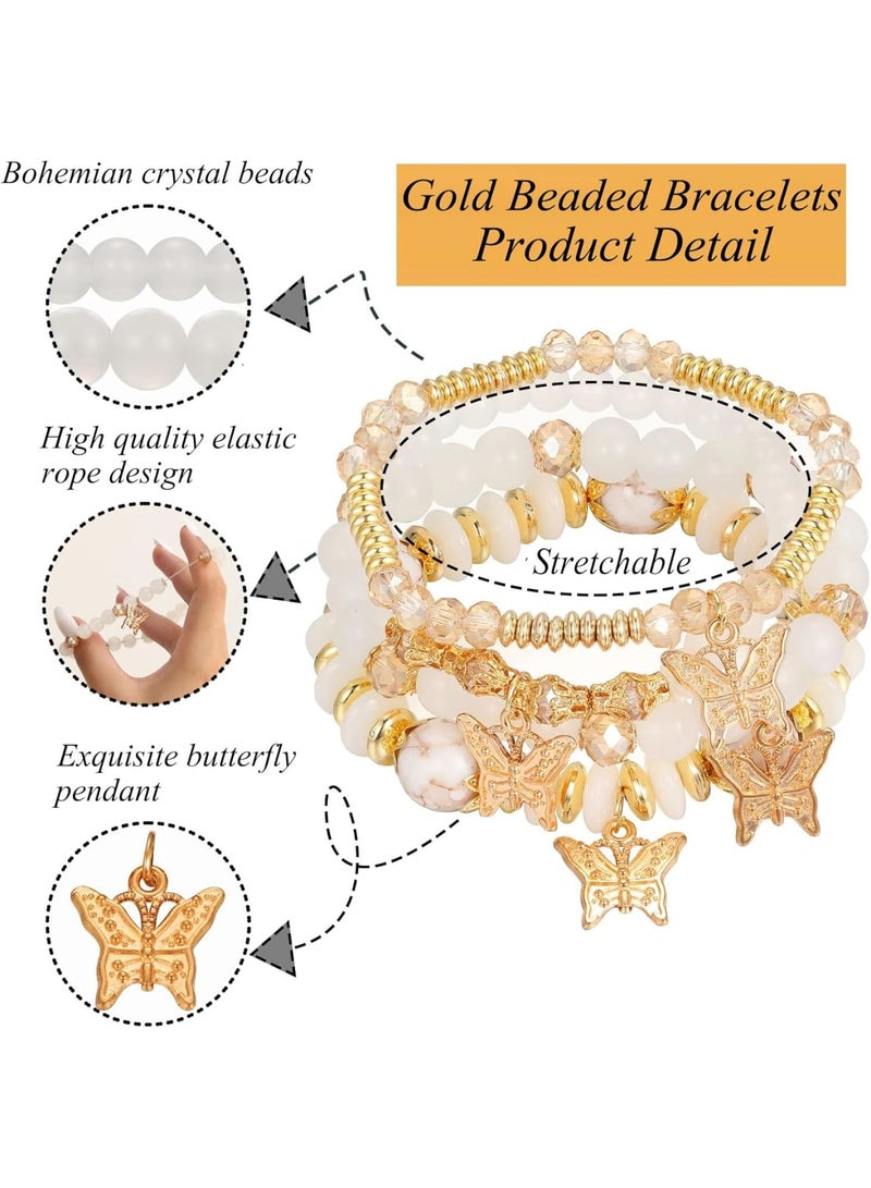 SOLARAE Bohemian Bracelets, Gold Beaded Stackable Stretch Bracelet Set, Butterfly Elastic Colorful Charm Bracelets Boho Jewelry for Women Girls - Image 3