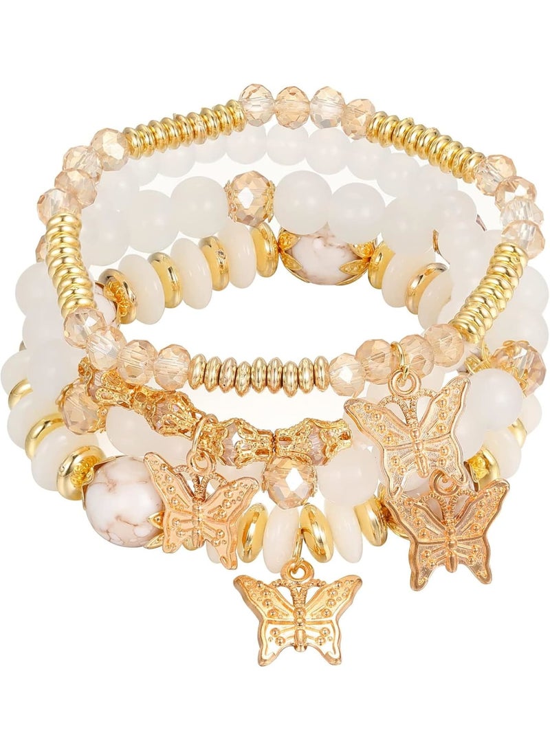 SOLARAE Bohemian Bracelets, Gold Beaded Stackable Stretch Bracelet Set, Butterfly Elastic Colorful Charm Bracelets Boho Jewelry for Women Girls - Image 1