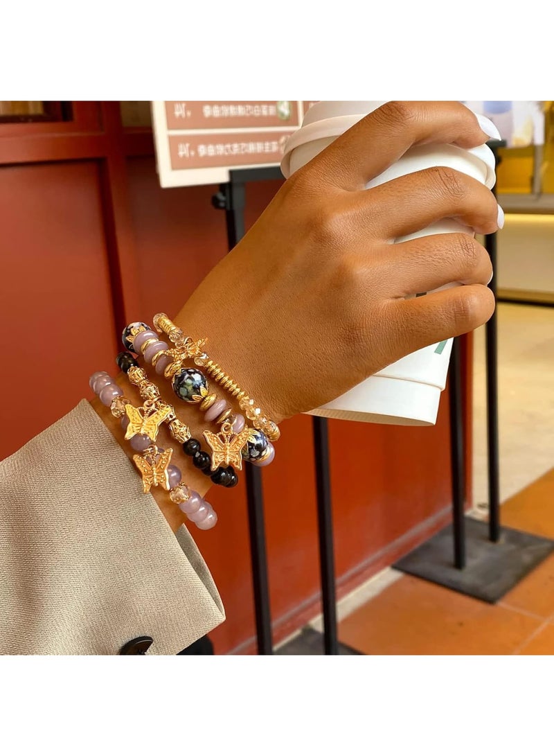 SOLARAE Bohemian Bracelets, Gold Beaded Stackable Stretch Bracelet Set, Butterfly Elastic Colorful Charm Bracelets Boho Jewelry for Women Girls - Image 5