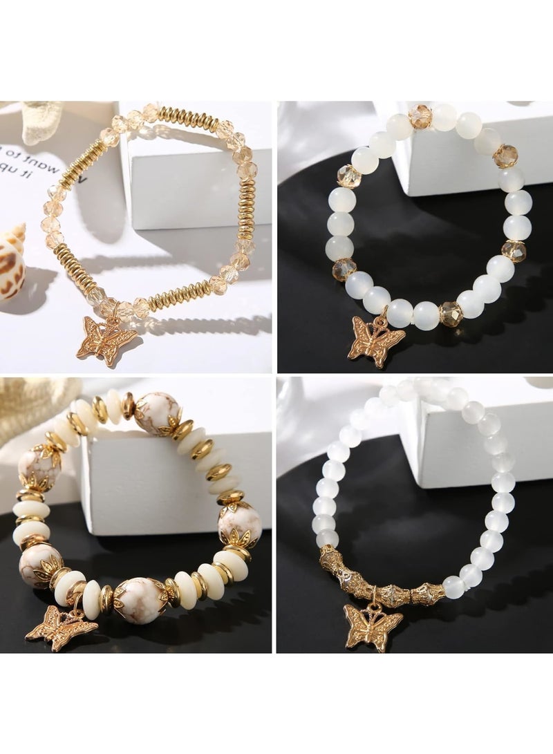 SOLARAE Bohemian Bracelets, Gold Beaded Stackable Stretch Bracelet Set, Butterfly Elastic Colorful Charm Bracelets Boho Jewelry for Women Girls - Image 2