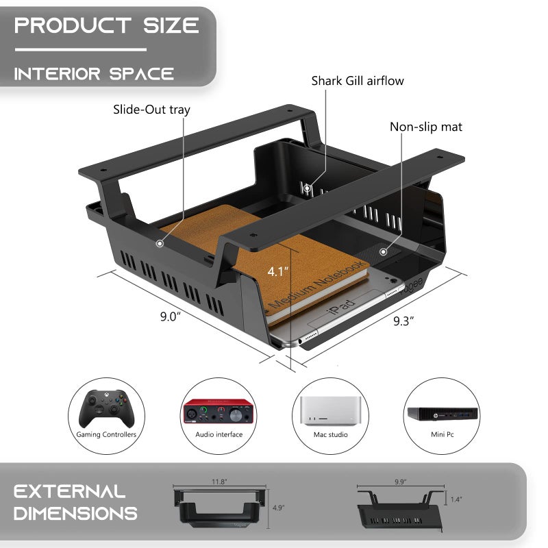 YaGee Under Desk Shelf, 2 Pack, Self-Adhesive Device Storage, Great Desktop Organizer Drawer for Work Stations, Stand Up Desks, Gaming Battlestations with Cable Management Raceway - Image 4