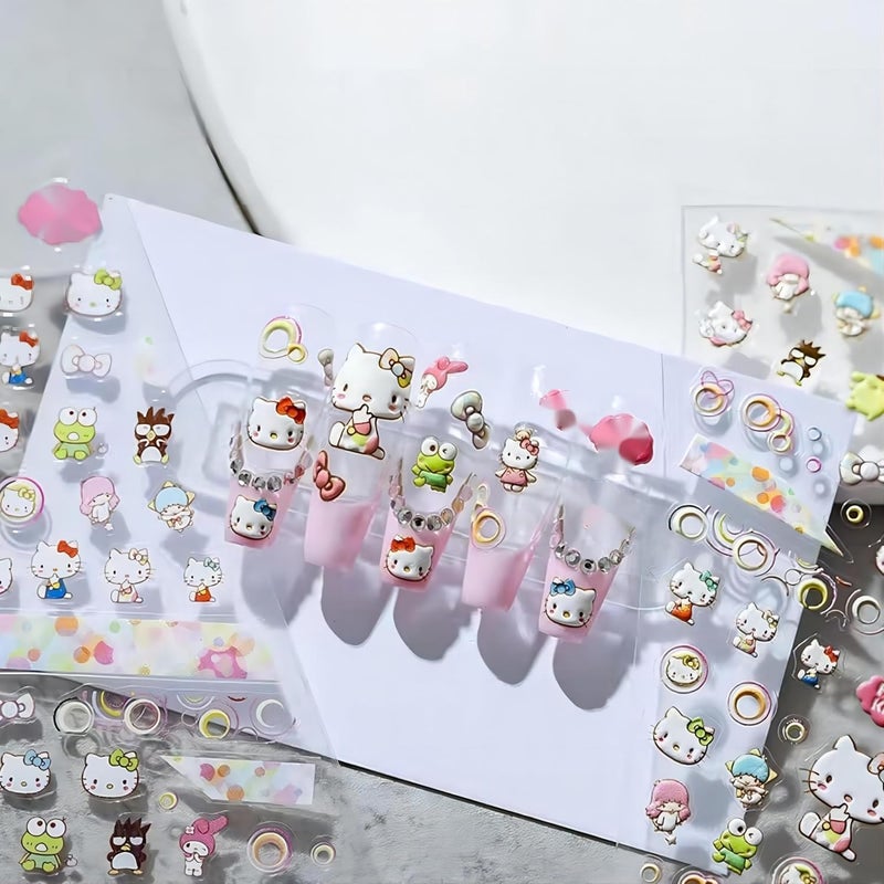Dedyel 5D Embossed Hello Kitty Nail Art Sticker Decal Hello Kitty Self Adhesive Nail Art Sticker Anime Cute Cartoon Design Nail Art Stickers for Girls Kids Women Manicure Decoration DIY Nail Art - Image 1