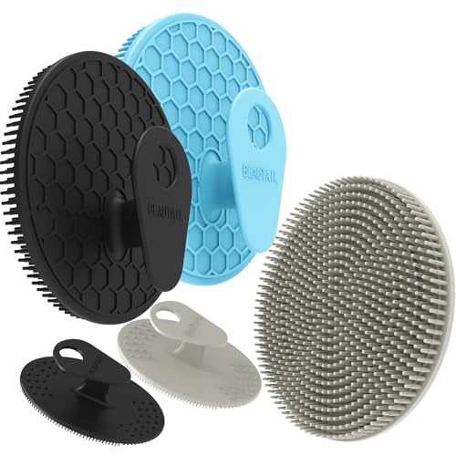 BEAUTAIL Silicone Body and Face Scrubber Set 5 Pack, BEAUTAIL Shower Bath Scrubber, Gentle Exfoliating Brush for Women Men Sensitive Skin, More Hygienic Than Traditional Loofah, Long Lasting, Black+Blue+Gray - Image 1