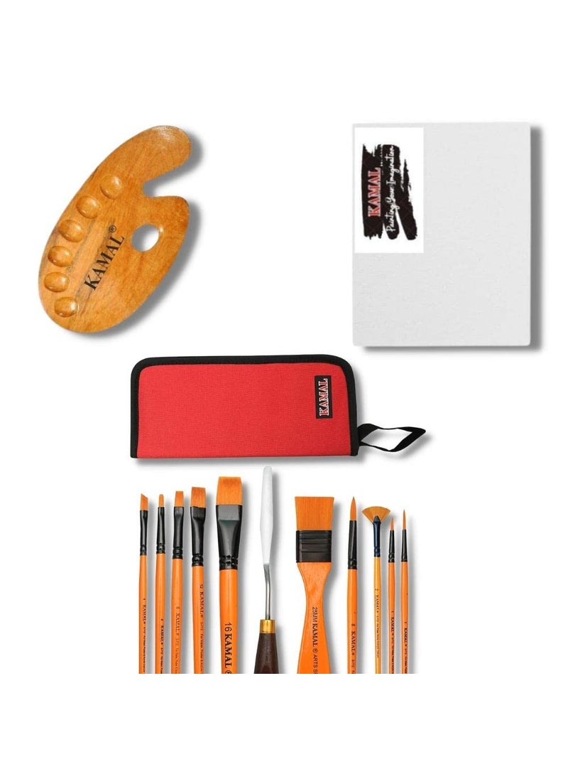 Kamal KAMAL Mix Brush Set (Mix Premium) with Cotton Canvas Board Medium Grain 16X12 Inch with Wooden Palette Medium  - Image 1