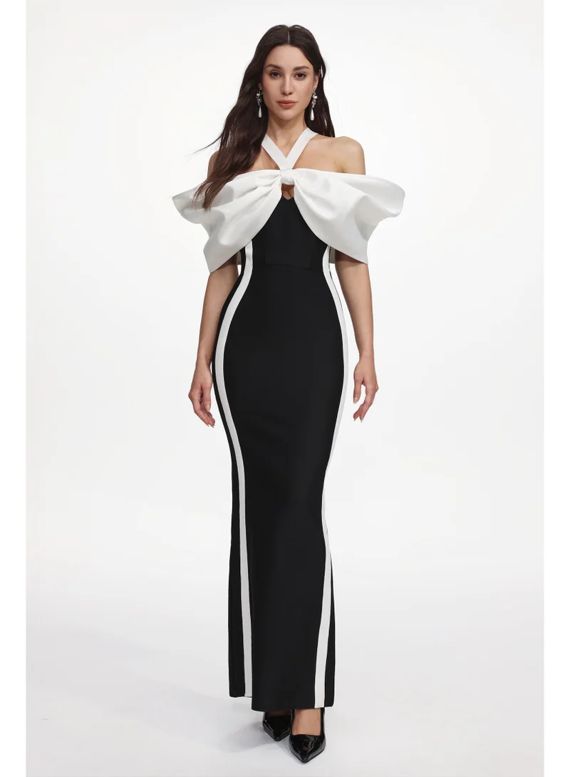 Bella Barnett Elegant Contour Halter Bow Contrast Bandage Maxi Dress