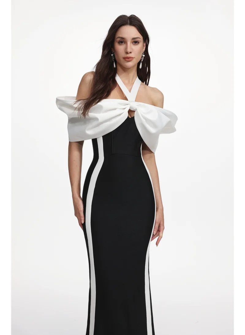 Bella Barnett Elegant Contour Halter Bow Contrast Bandage Maxi Dress