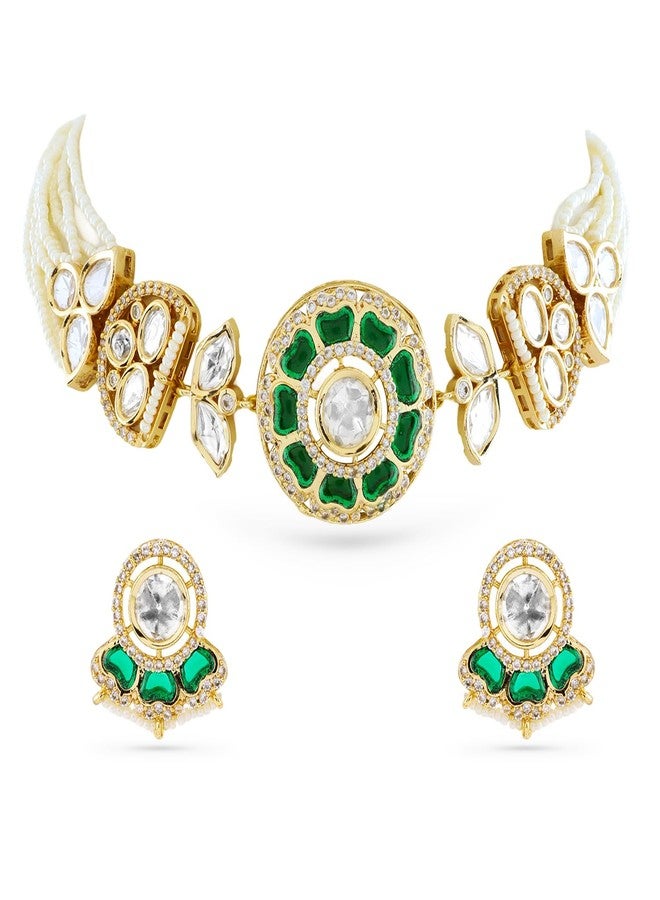 Rubans 22K Gold-Plated Emerald Green Polki & Cubic Zirconia Studded White Pearl Beaded Choker Set for Women - Ideal for Bridal & Festive Looks - Image 1