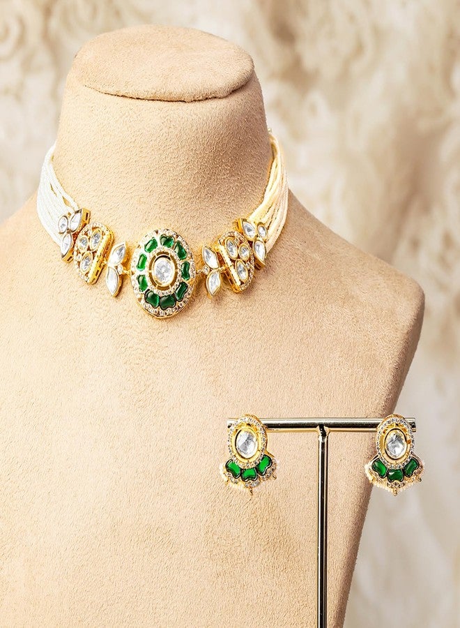 Rubans 22K Gold-Plated Emerald Green Polki & Cubic Zirconia Studded White Pearl Beaded Choker Set for Women - Ideal for Bridal & Festive Looks - Image 3