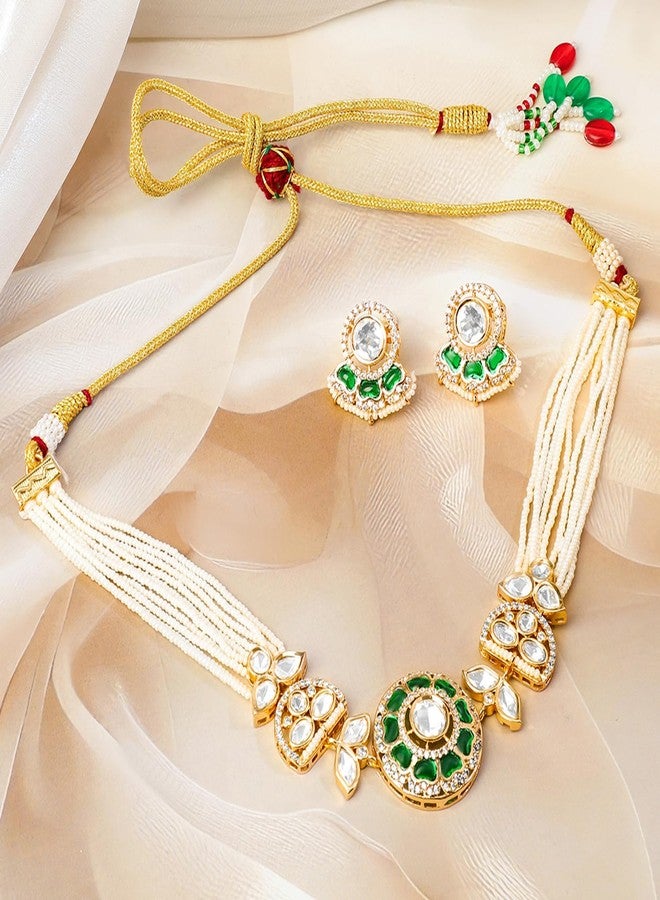 Rubans 22K Gold-Plated Emerald Green Polki & Cubic Zirconia Studded White Pearl Beaded Choker Set for Women - Ideal for Bridal & Festive Looks - Image 4