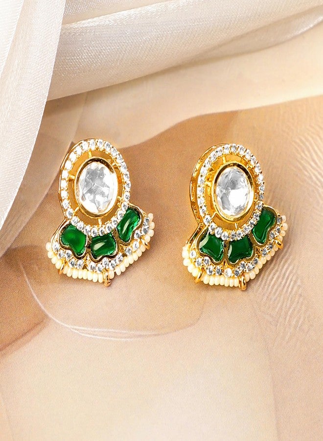 Rubans 22K Gold-Plated Emerald Green Polki & Cubic Zirconia Studded White Pearl Beaded Choker Set for Women - Ideal for Bridal & Festive Looks - Image 5