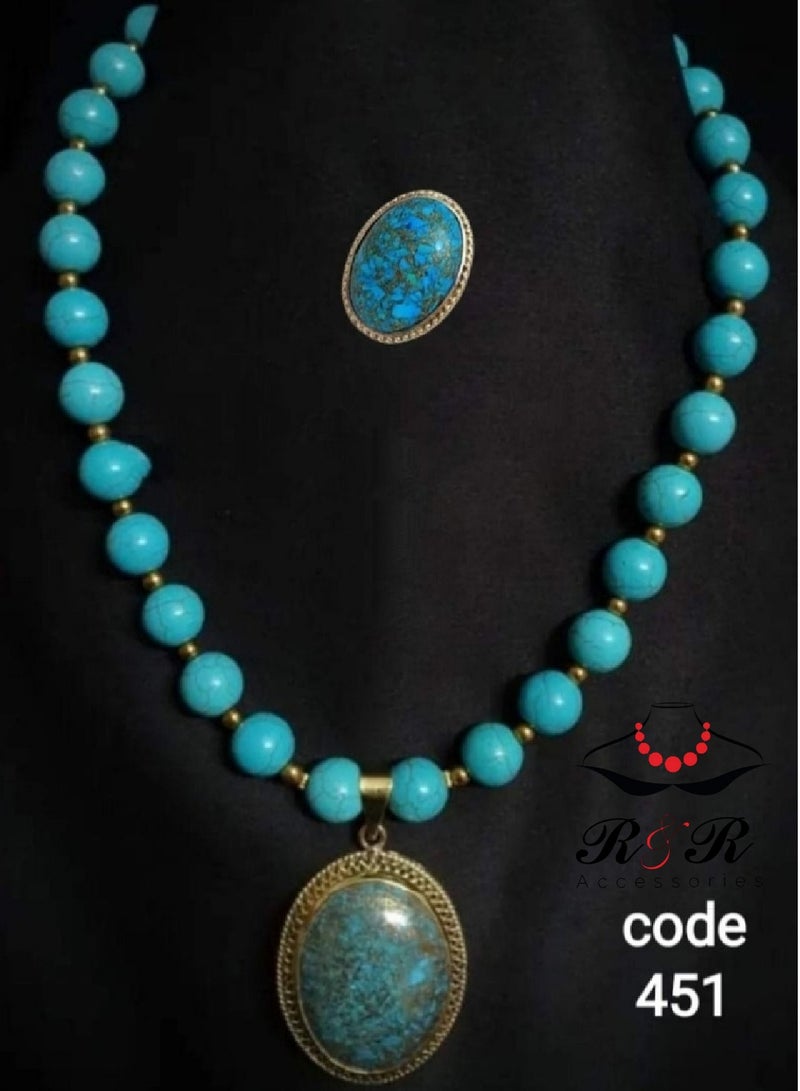 R&R Women's set of natural turquoise and hematite with a copper necklace