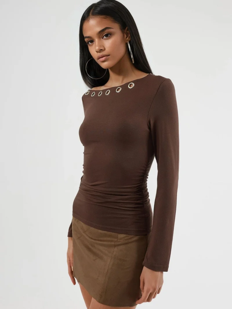 Busem BUSEM Accessory Detailed Boat Neck Long Sleeve Blouse