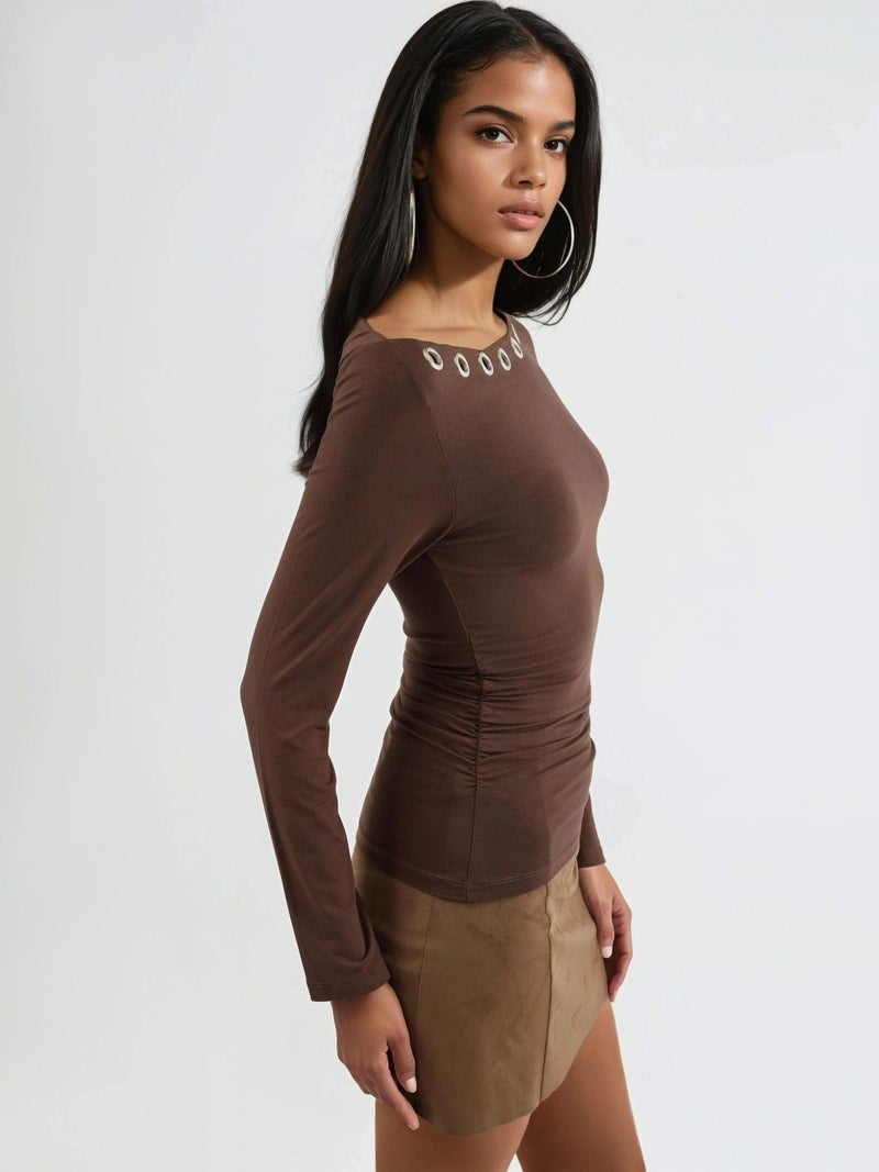 BUSEM Accessory Detailed Boat Neck Long Sleeve Blouse - Image 4