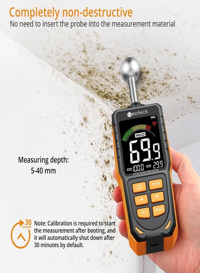 Neoteck Spherical Inductive Moisture Meter 5-40mm Analysis Depth Pinless Moisture Meter with 3-Color LCD Indicator,USB Rechargeable Wood Meter Light and Buzzer Alarm for Wall,Wood,Masonry,Concrete - Image 3