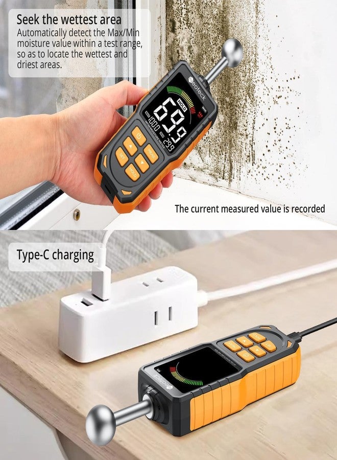 Neoteck Spherical Inductive Moisture Meter 5-40mm Analysis Depth Pinless Moisture Meter with 3-Color LCD Indicator,USB Rechargeable Wood Meter Light and Buzzer Alarm for Wall,Wood,Masonry,Concrete - Image 5