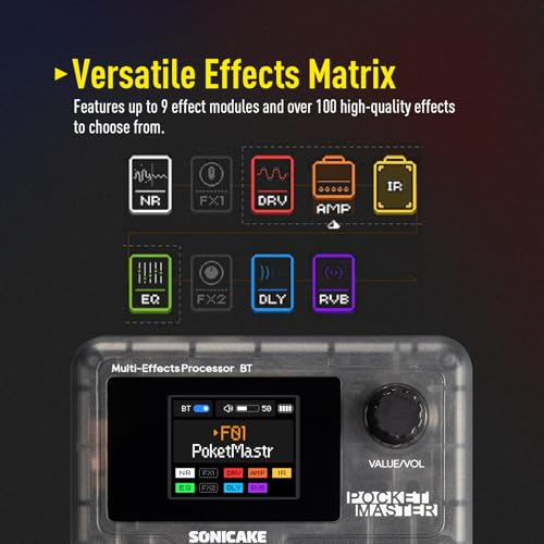 SONICAKE Pocket Master-بيدال متعدد التأثيرات المحمول، 100+ تأثيرات مدمجة للجيتار/الباس/الأكوستيك، نمذجة مضخم الصوت، محاكاة خزائن IR، واجهة صوت USB ستيريو OTG، قابلة لإعادة الشحن (أسود شفاف) - Image 5