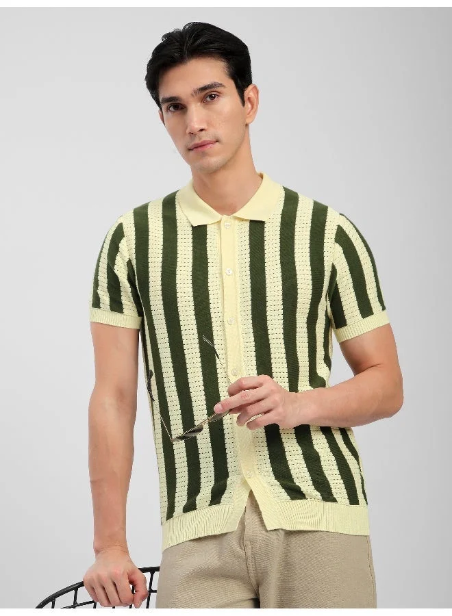 Beyoung Olive Green Striped Flat Knit Shirt