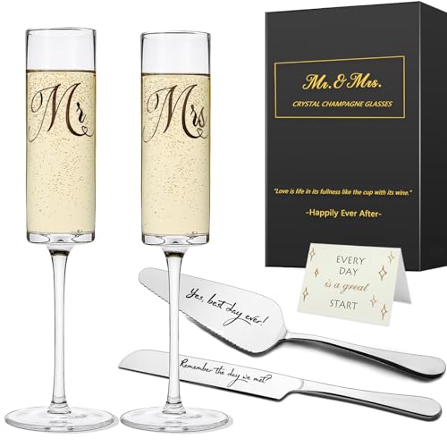 Yeegook Wedding Gifts for Bride and Groom, Mr and Mrs Champagne Flutes, Bridal Shower Gifts, Engagement Gift, Wedding Toasting Glasses with Cake Cutting Set for Wedding Anniversary Engagement - Image 1