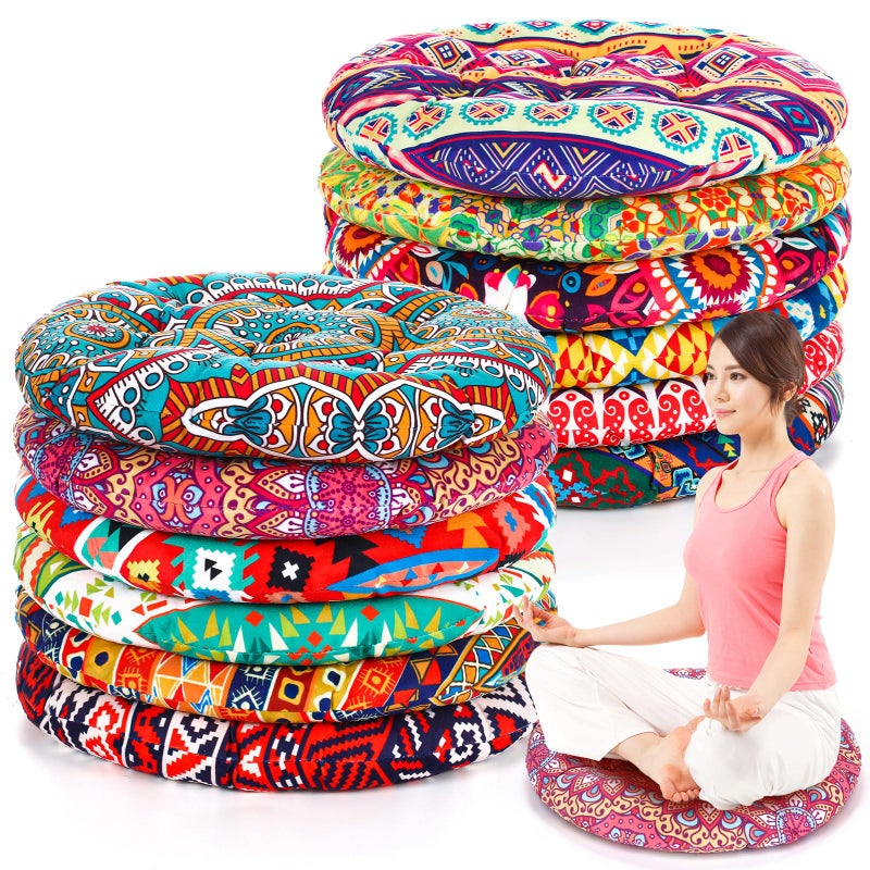 Nuogo 12 Pcs Bohemian Floor Cushions Bulk 15 Inch Boho Floor Sitting Pillows Yoga Mandala Meditation Pouf for Living Room Balcony Office TatamiRound